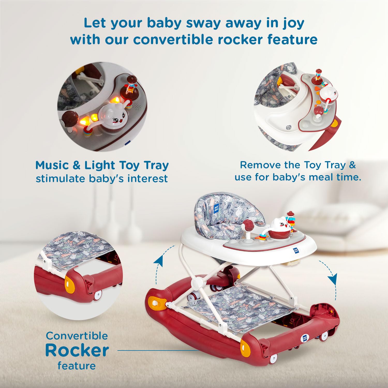 Baby walker with convertible rocker feature and toy tray on a light background